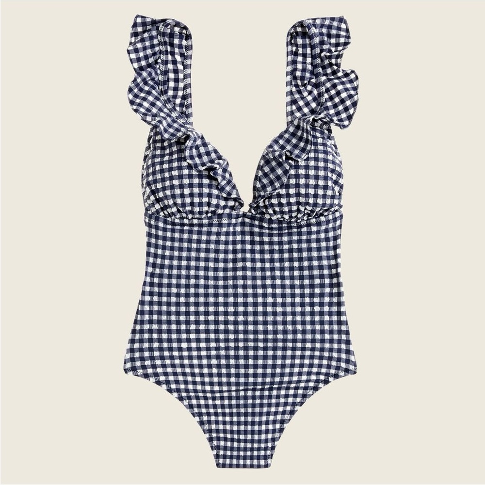 J. Crew Ruffle V-neck one-piece swimsuit in navy gingham